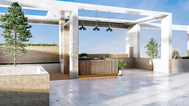 Modern outdoor lounge area with bar and plants